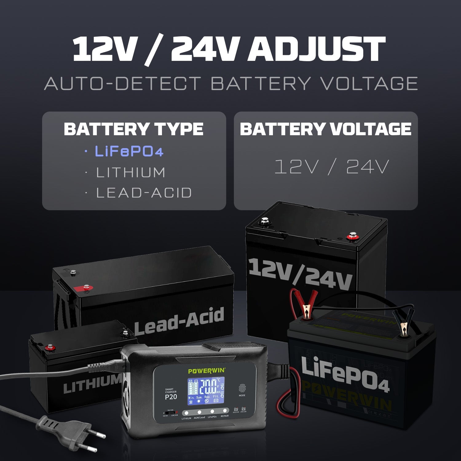 Powerwin P20 12V/24V 20A Automatic Battery Charger for Car